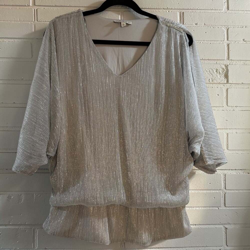 Chaus New York Blouse Womens Large Silver Metallic V Neck Split Sleeve